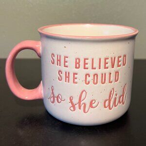 SHE BELIEVED SHE COULD SO SHE DID Pink & White Speckled Wide-Mouth Stoneware Mug